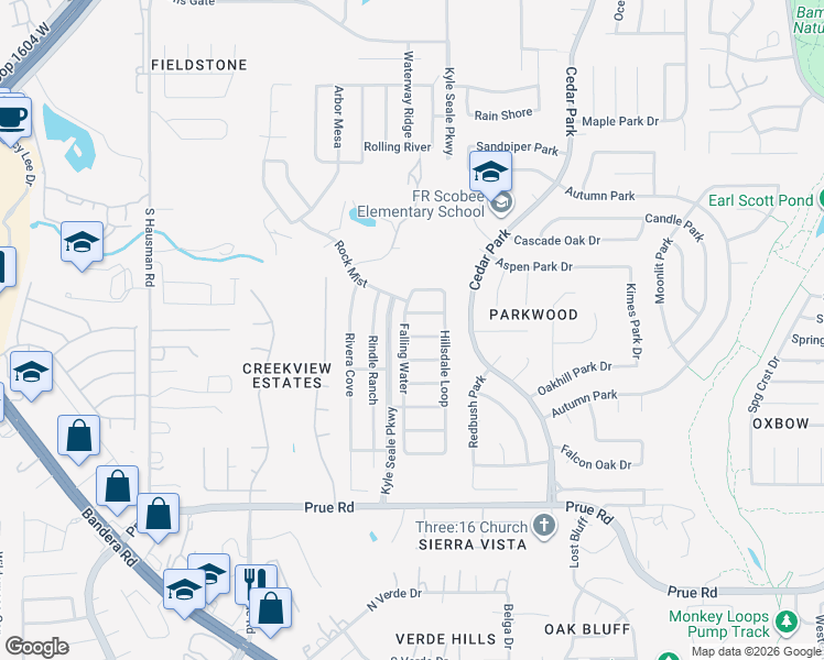 map of restaurants, bars, coffee shops, grocery stores, and more near 11019 Falling Water in San Antonio