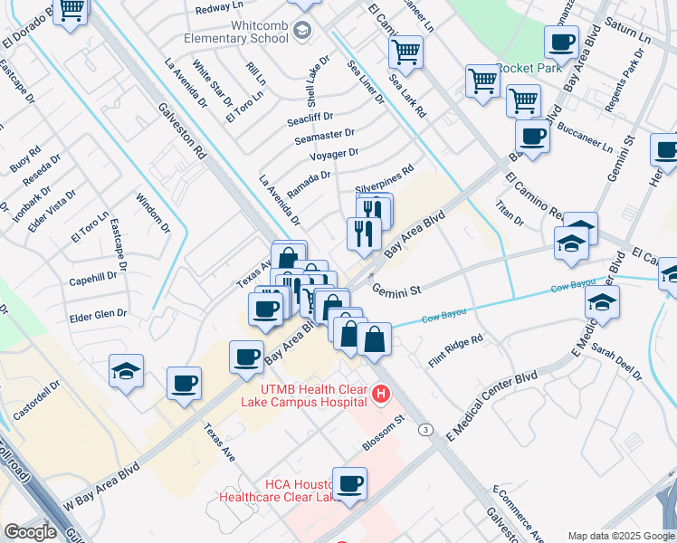 map of restaurants, bars, coffee shops, grocery stores, and more near 401-495 Bay Area Boulevard in Webster