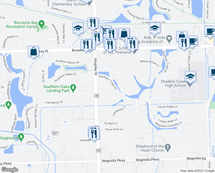 map of restaurants, bars, coffee shops, grocery stores, and more near 12607 Colonial Glen Court in Pearland
