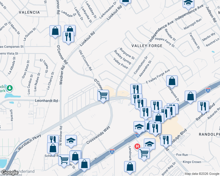 map of restaurants, bars, coffee shops, grocery stores, and more near 5830 Liberty Bell Street in San Antonio