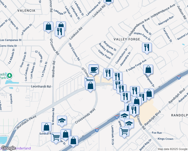 map of restaurants, bars, coffee shops, grocery stores, and more near 12015 O'Connor Road in San Antonio