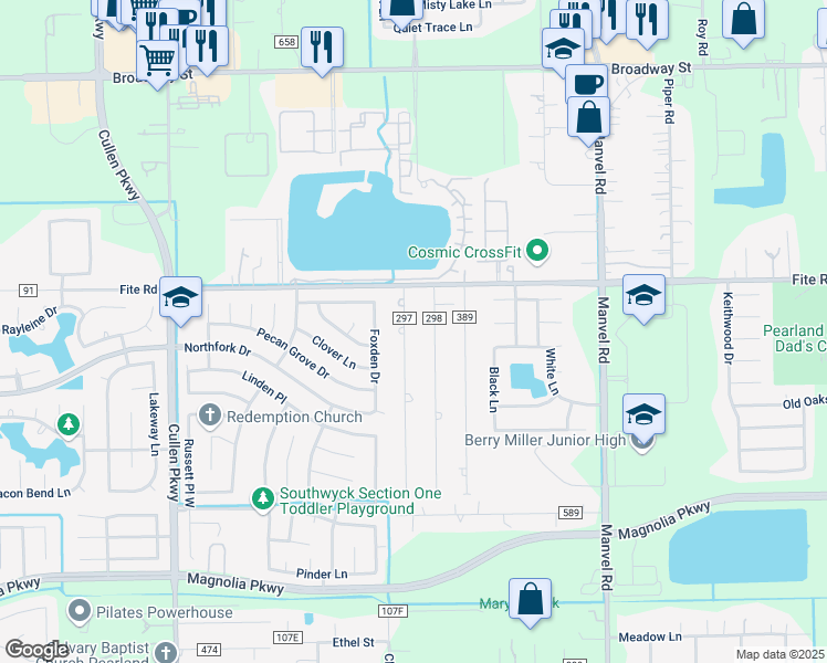 map of restaurants, bars, coffee shops, grocery stores, and more near 2611 Ash Road in Pearland