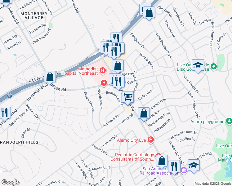 map of restaurants, bars, coffee shops, grocery stores, and more near 12230 Brownstone Street in Live Oak