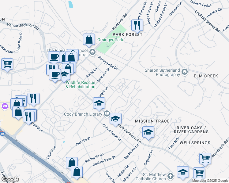 map of restaurants, bars, coffee shops, grocery stores, and more near Pvt Road in San Antonio