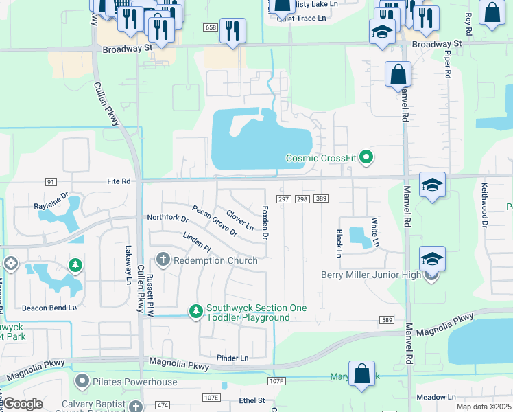 map of restaurants, bars, coffee shops, grocery stores, and more near 2534 Foxden Drive in Pearland