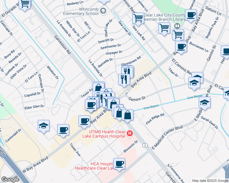 map of restaurants, bars, coffee shops, grocery stores, and more near 401-495 West Bay Area Boulevard in Webster