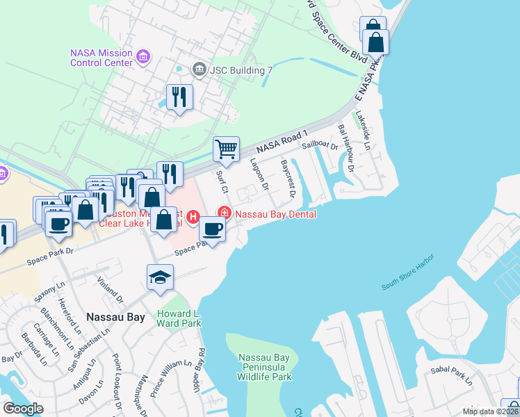 map of restaurants, bars, coffee shops, grocery stores, and more near 2422 Baycrest Drive in Houston