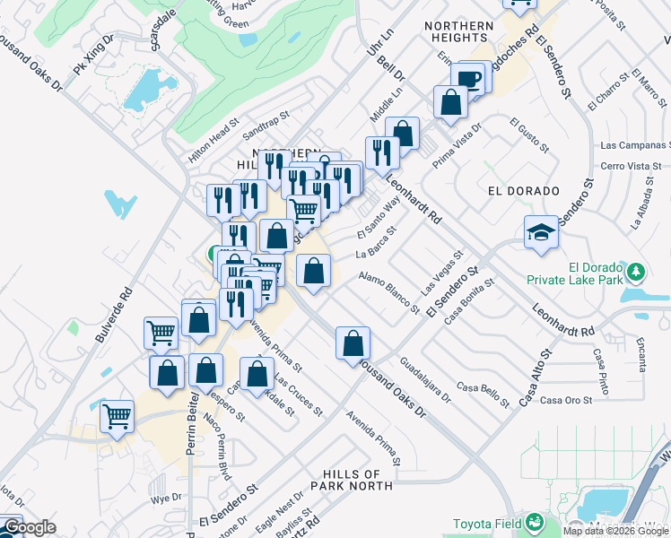map of restaurants, bars, coffee shops, grocery stores, and more near 11811 Alamo Blanco Street in San Antonio