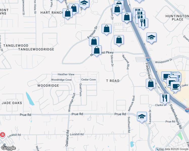 map of restaurants, bars, coffee shops, grocery stores, and more near 5727 Cedar Cove in San Antonio