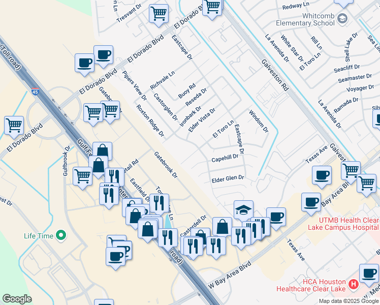 map of restaurants, bars, coffee shops, grocery stores, and more near 327 Capehill Drive in Webster