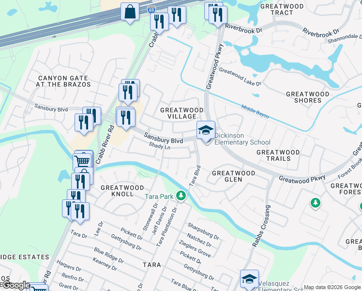 map of restaurants, bars, coffee shops, grocery stores, and more near 6927 Shady Lane in Sugar Land