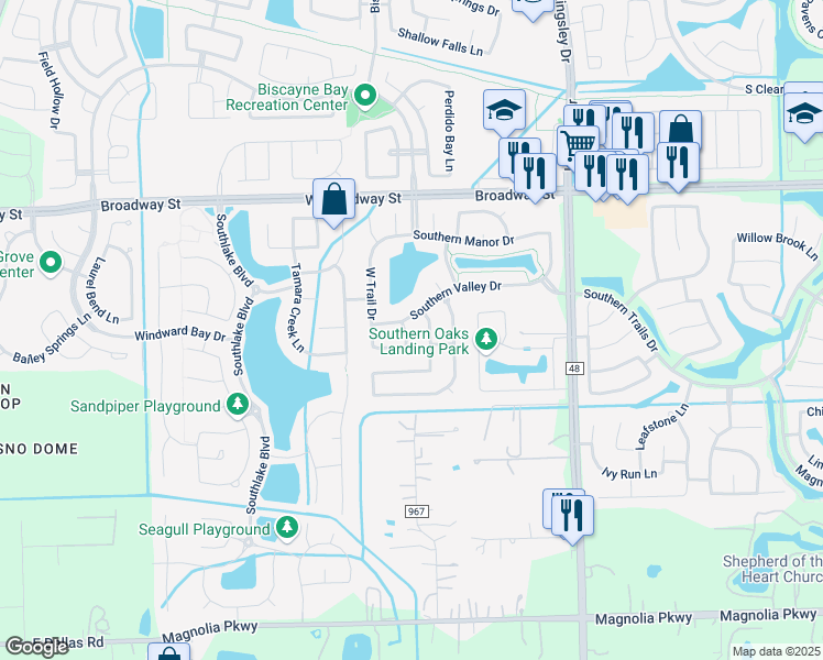 map of restaurants, bars, coffee shops, grocery stores, and more near 3203 Southern Knoll Lane in Pearland