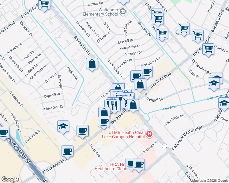 map of restaurants, bars, coffee shops, grocery stores, and more near 16610 Texas 3 in Webster