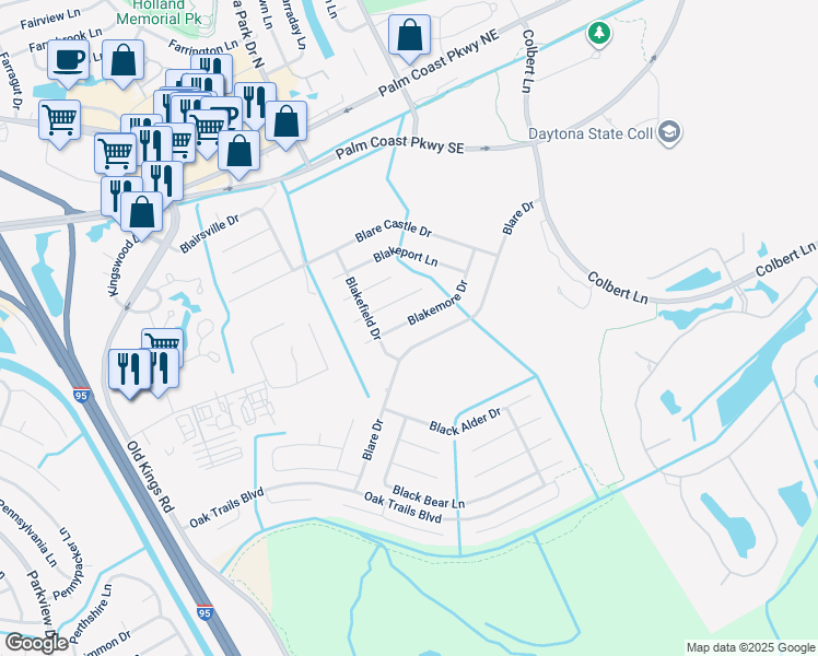 map of restaurants, bars, coffee shops, grocery stores, and more near 55 Blakemore Drive in Palm Coast