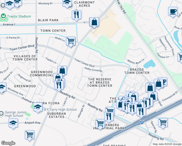 map of restaurants, bars, coffee shops, grocery stores, and more near 6407 Archer Ranch Lane in Rosenberg
