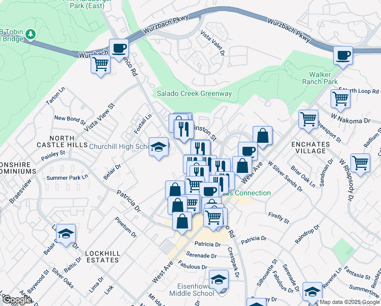 map of restaurants, bars, coffee shops, grocery stores, and more near 12042 Blanco Road in San Antonio