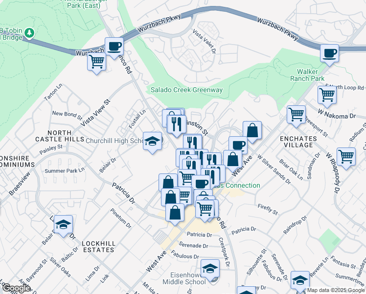 map of restaurants, bars, coffee shops, grocery stores, and more near 12042 Blanco Road in San Antonio