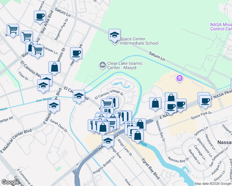 map of restaurants, bars, coffee shops, grocery stores, and more near 1387 El Camino Village Drive in Houston