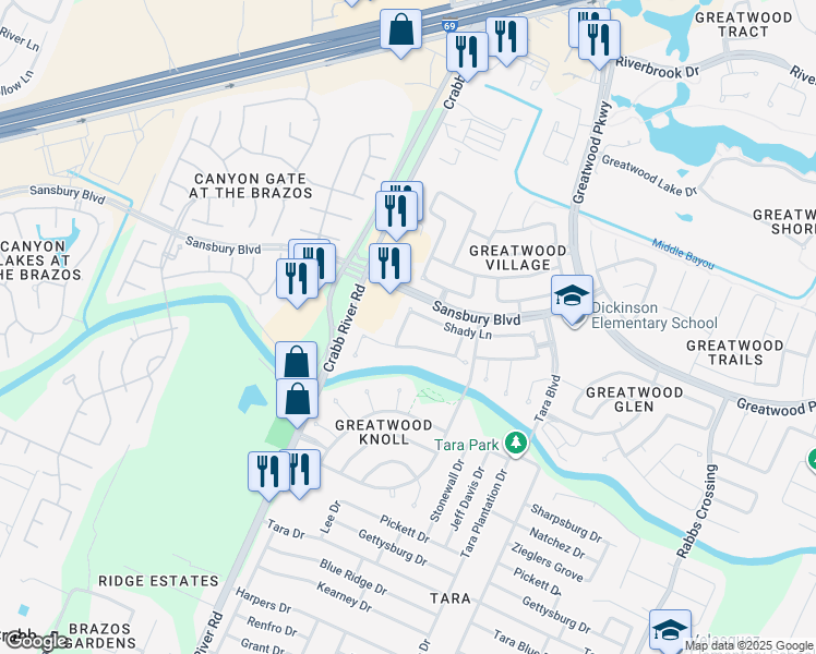 map of restaurants, bars, coffee shops, grocery stores, and more near 1201 Green Knoll Drive in Sugar Land
