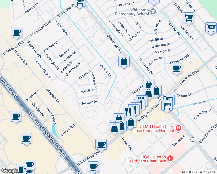 map of restaurants, bars, coffee shops, grocery stores, and more near 16135 Windom Drive in Webster