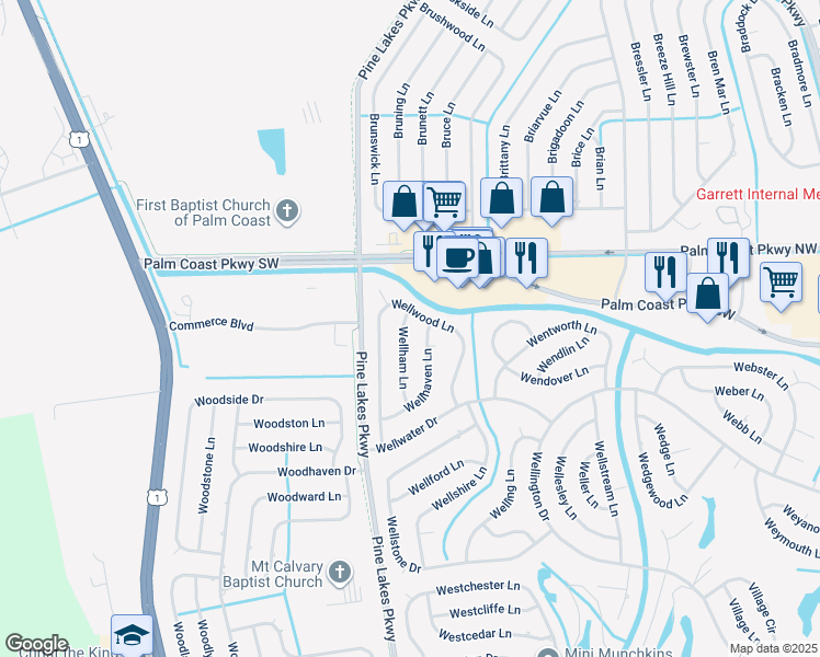 map of restaurants, bars, coffee shops, grocery stores, and more near 29 Wellham Lane in Palm Coast