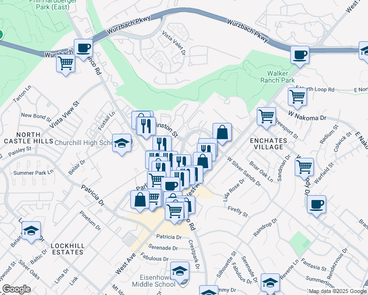 map of restaurants, bars, coffee shops, grocery stores, and more near 11838 Parliament Street in San Antonio