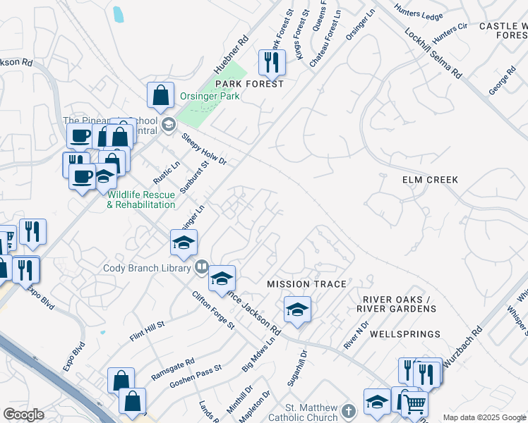 map of restaurants, bars, coffee shops, grocery stores, and more near 11700 Wall Street in San Antonio