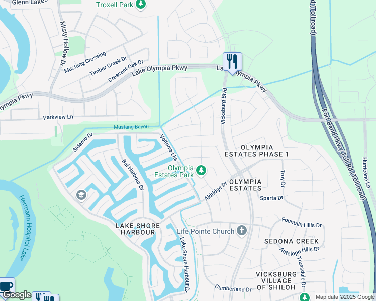 map of restaurants, bars, coffee shops, grocery stores, and more near 3611 Fallbrook Drive in Missouri City