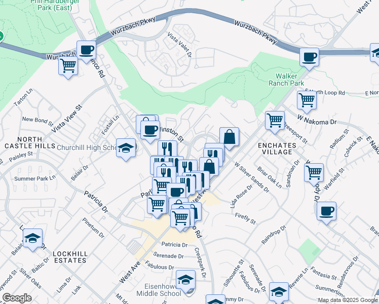 map of restaurants, bars, coffee shops, grocery stores, and more near 11838 Parliament Street in San Antonio