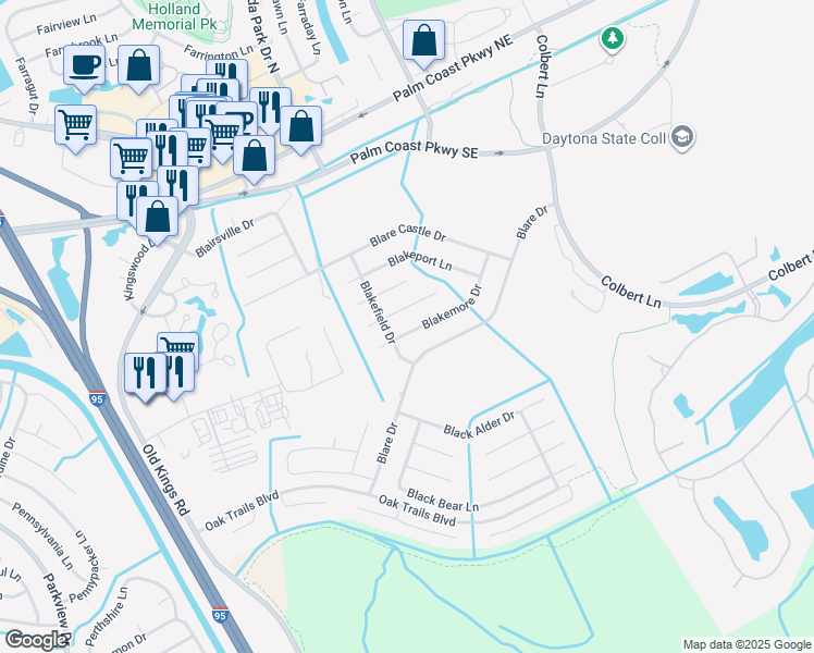 map of restaurants, bars, coffee shops, grocery stores, and more near 77 Blare Drive in Palm Coast