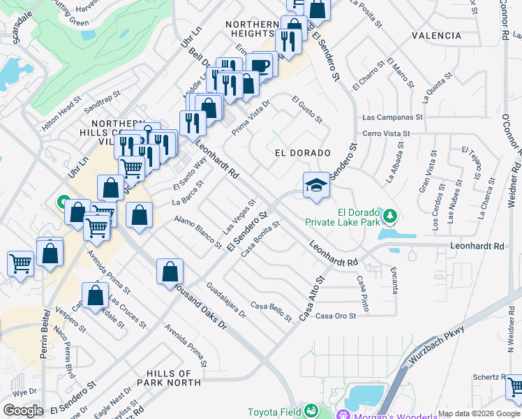 map of restaurants, bars, coffee shops, grocery stores, and more near 12031 Casa Bonita Street in San Antonio