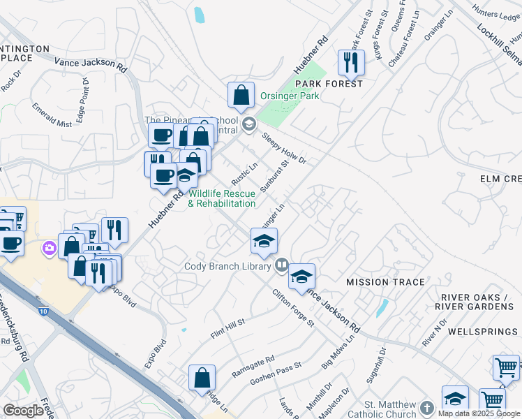 map of restaurants, bars, coffee shops, grocery stores, and more near 11715 Orsinger Lane in San Antonio