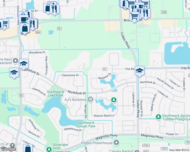 map of restaurants, bars, coffee shops, grocery stores, and more near 3206 Princess Bay Court in Pearland