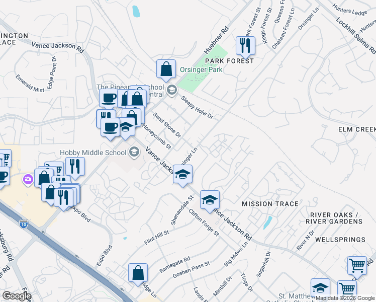 map of restaurants, bars, coffee shops, grocery stores, and more near 11819 Orsinger Lane in San Antonio