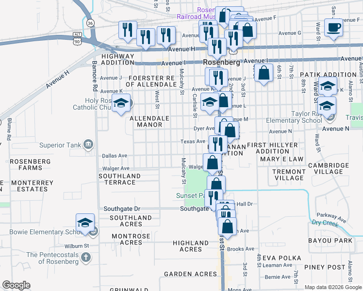 map of restaurants, bars, coffee shops, grocery stores, and more near 1610 Mulcahy Street in Rosenberg