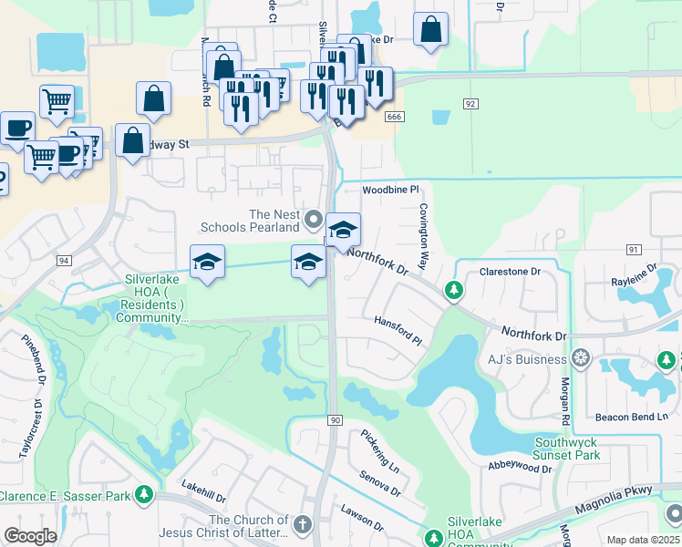 map of restaurants, bars, coffee shops, grocery stores, and more near 2534 Griggs Court in Pearland