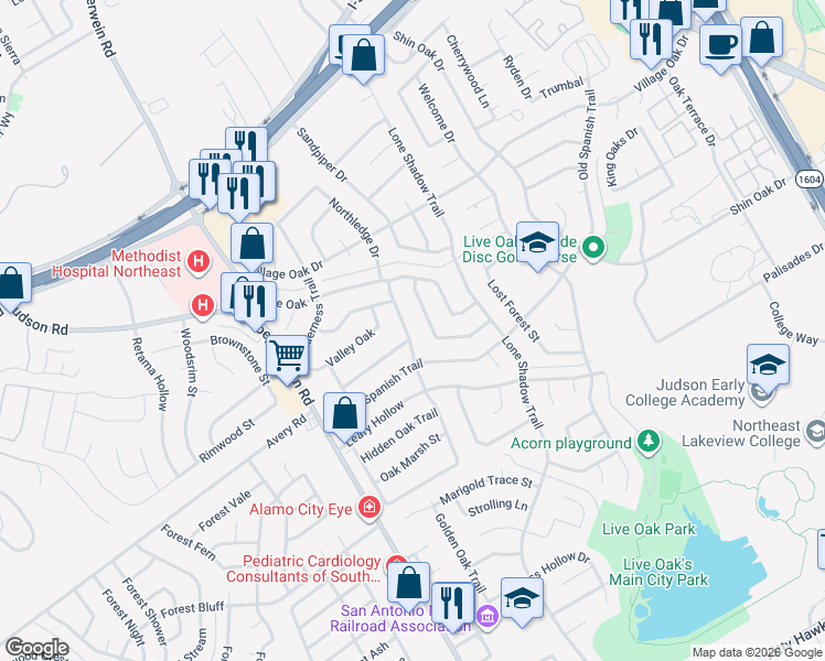map of restaurants, bars, coffee shops, grocery stores, and more near 12302 Northledge Drive in Live Oak