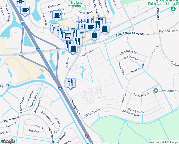 map of restaurants, bars, coffee shops, grocery stores, and more near 24 Oxford Lane in Palm Coast