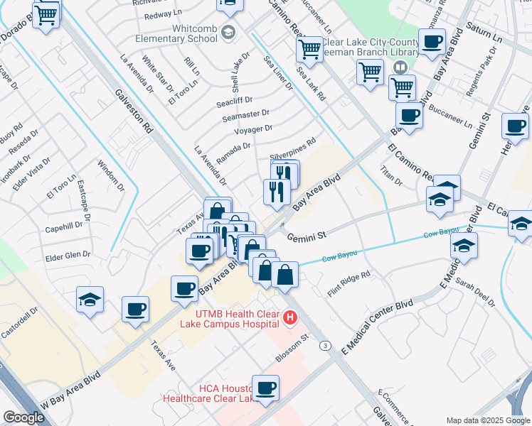 map of restaurants, bars, coffee shops, grocery stores, and more near 463 Bay Area Boulevard in Houston