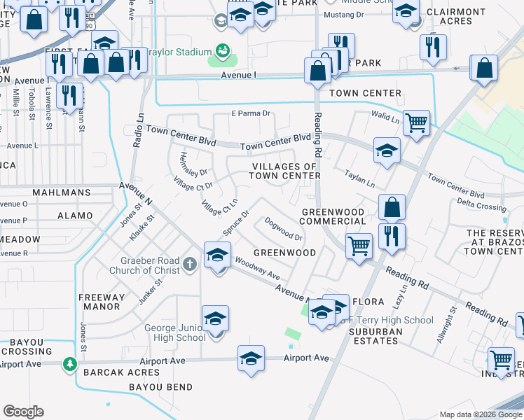 map of restaurants, bars, coffee shops, grocery stores, and more near 4609 Greenwood Drive in Rosenberg