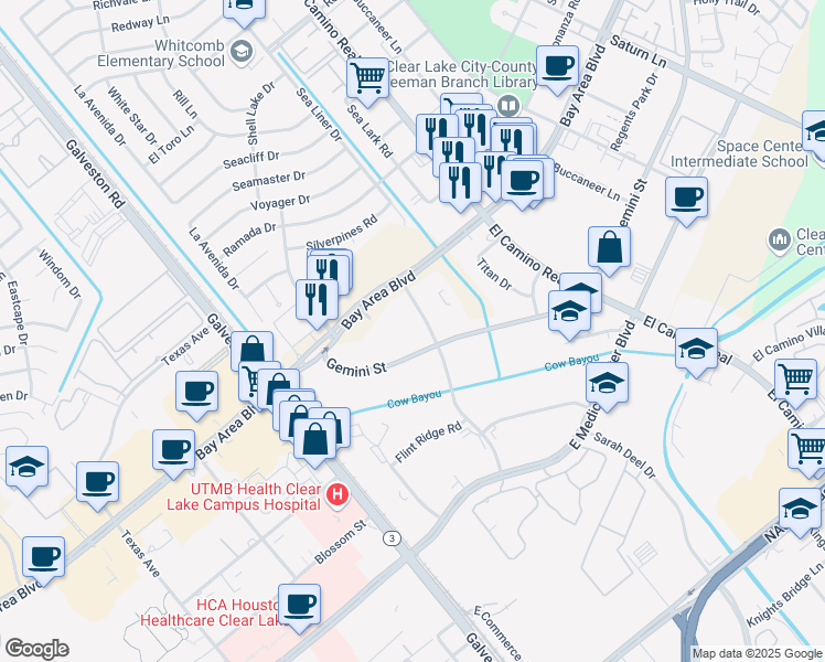 map of restaurants, bars, coffee shops, grocery stores, and more near 16829 Feather Craft Lane in Houston