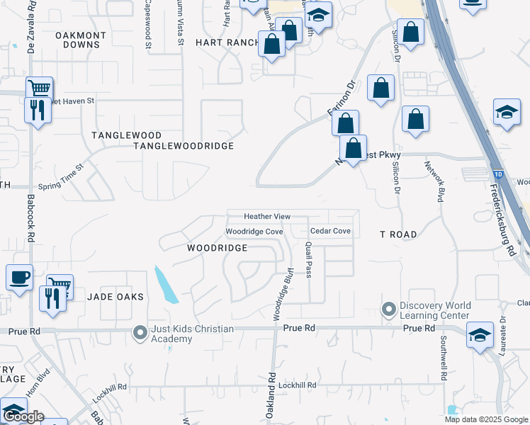 map of restaurants, bars, coffee shops, grocery stores, and more near 5923 Heather View in San Antonio