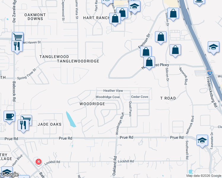 map of restaurants, bars, coffee shops, grocery stores, and more near 5923 Heather View in San Antonio
