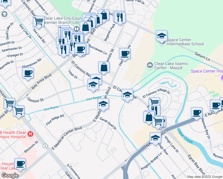 map of restaurants, bars, coffee shops, grocery stores, and more near 17250 El Camino Real in Webster