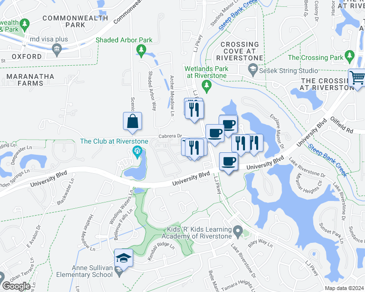 map of restaurants, bars, coffee shops, grocery stores, and more near 4711 LJ Parkway in Sugar Land