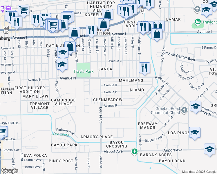 map of restaurants, bars, coffee shops, grocery stores, and more near 3207 Avenue O in Rosenberg