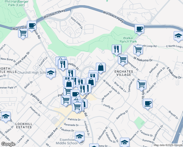 map of restaurants, bars, coffee shops, grocery stores, and more near 12 West Silver Sands Drive in San Antonio
