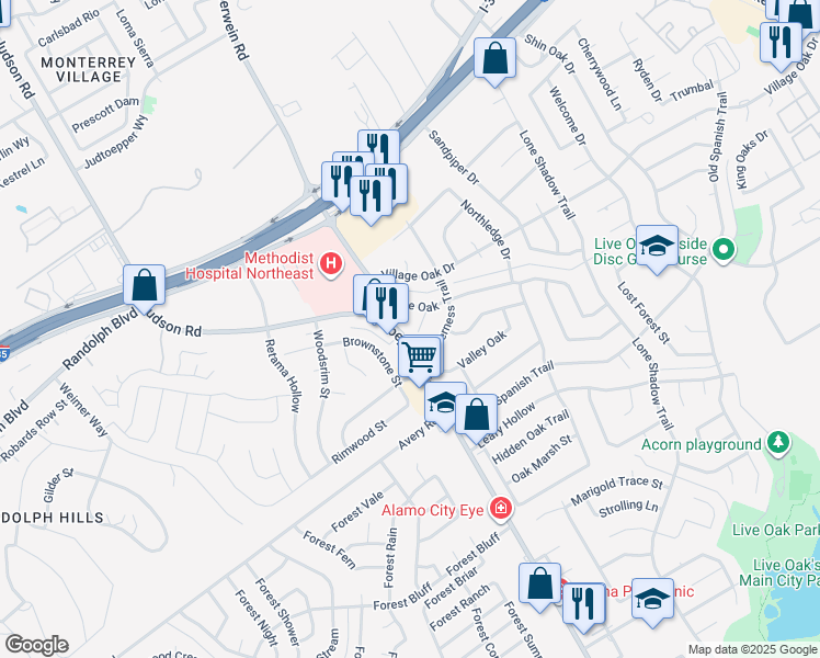 map of restaurants, bars, coffee shops, grocery stores, and more near 12225 Lucky Oaks Street in Live Oak