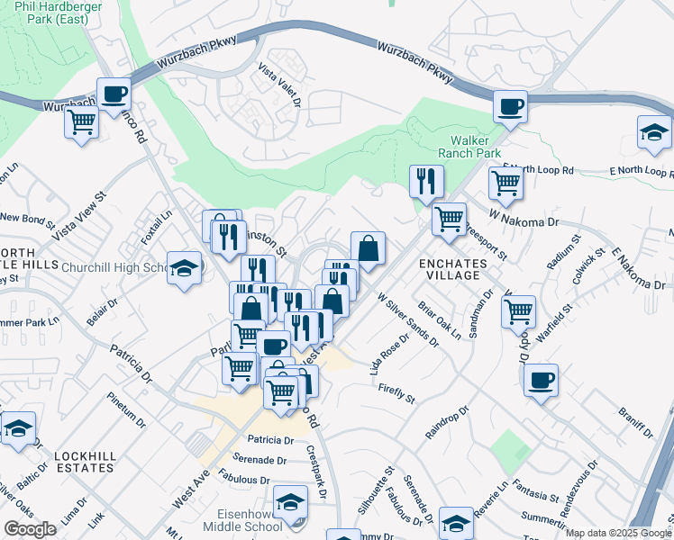 map of restaurants, bars, coffee shops, grocery stores, and more near 11845 West Avenue in San Antonio