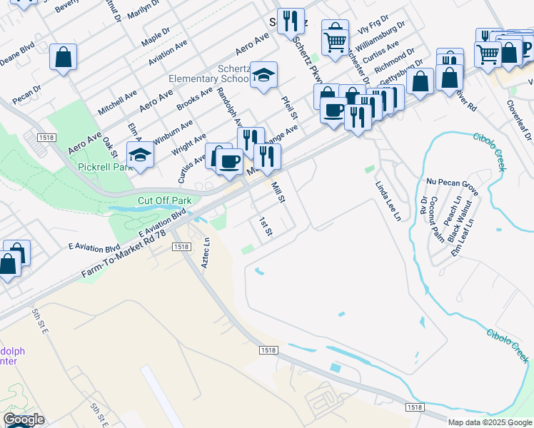 map of restaurants, bars, coffee shops, grocery stores, and more near 310 Church Street in Schertz
